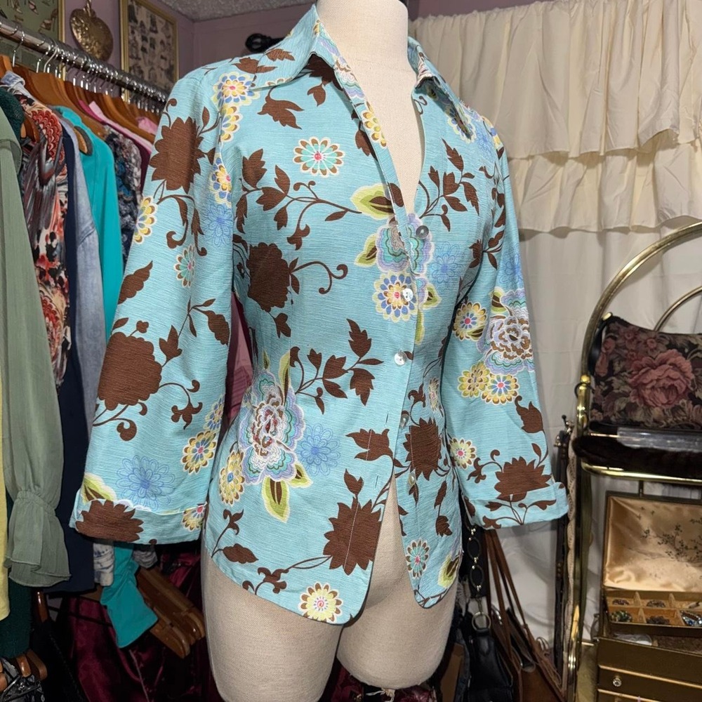 Vintage Blue Floral Silk Button-Up Blouse